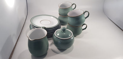 Denby Manor Green Tea Set - Cup Saucers Jug  Sugar Bowl Excellent Condition