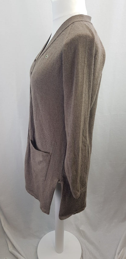 Lacoste Brown Long Cardigan Pockets 100% Wool Size 12/14 Excellent Condition