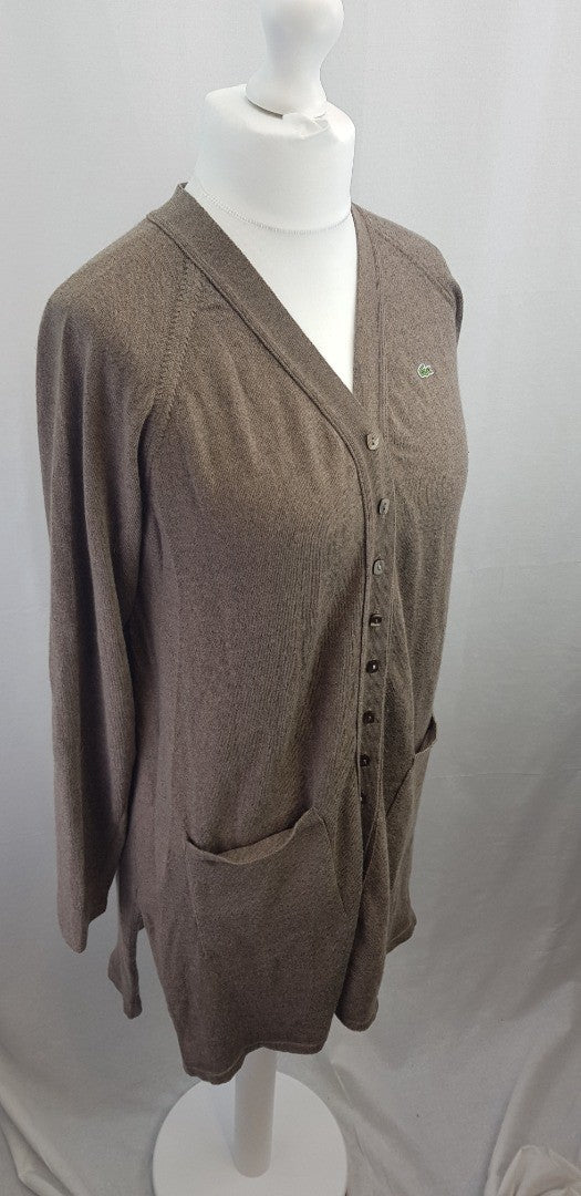 Lacoste Brown Long Cardigan Pockets 100% Wool Size 12/14 Excellent Condition