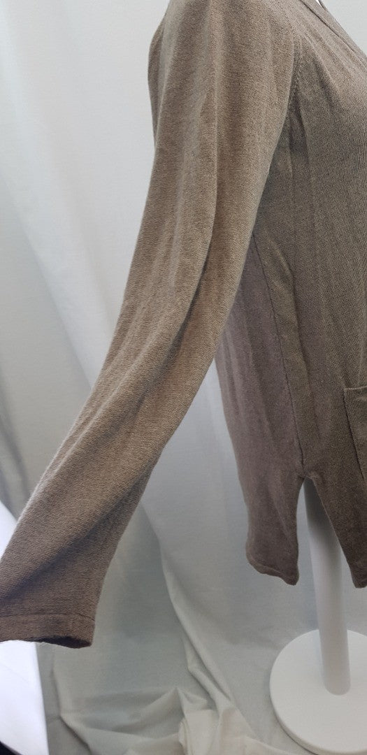 Lacoste Brown Long Cardigan Pockets 100% Wool Size 12/14 Excellent Condition