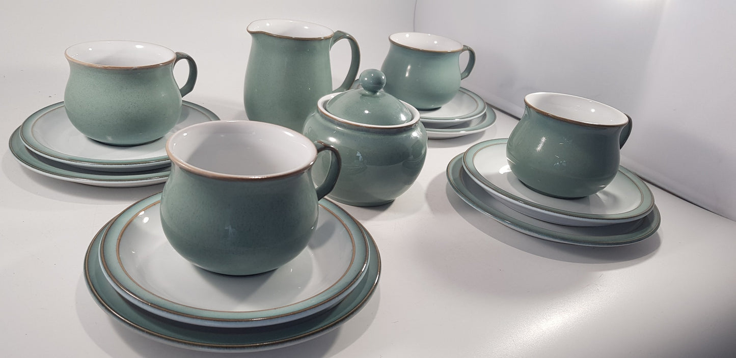 Denby Manor Green Tea Set - Cup Saucers Jug  Sugar Bowl Excellent Condition