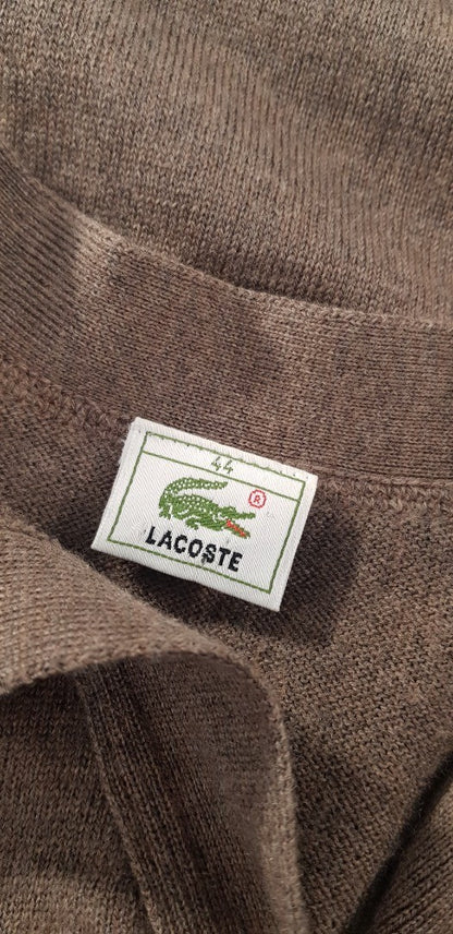 Lacoste Brown Long Cardigan Pockets 100% Wool Size 12/14 Excellent Condition