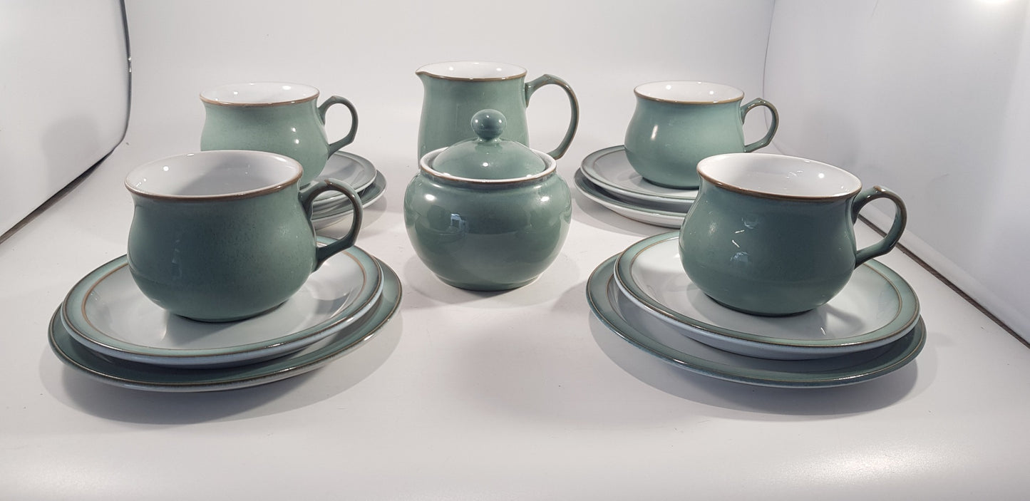 Denby Manor Green Tea Set - Cup Saucers Jug  Sugar Bowl Excellent Condition