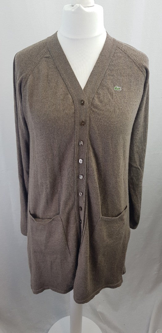 Lacoste Brown Long Cardigan Pockets 100% Wool Size 12/14 Excellent Condition