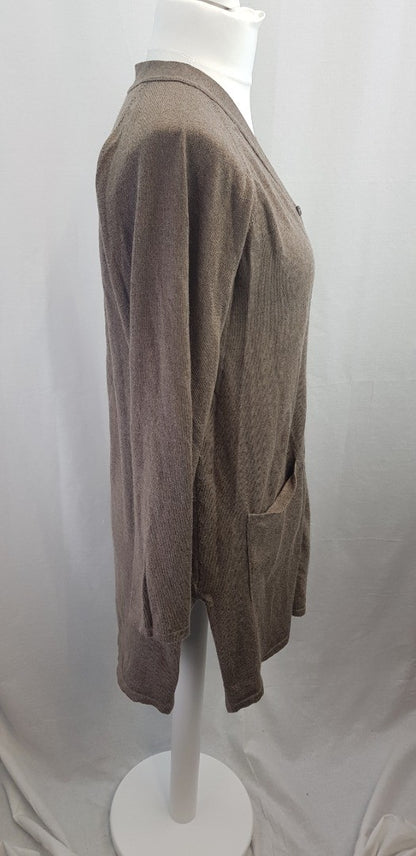 Lacoste Brown Long Cardigan Pockets 100% Wool Size 12/14 Excellent Condition