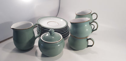 Denby Manor Green Tea Set - Cup Saucers Jug  Sugar Bowl Excellent Condition