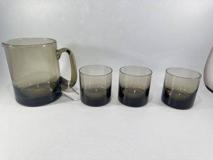 Vintage Retro Smoke Tinted Handmade Water Jug With 3 Glasses