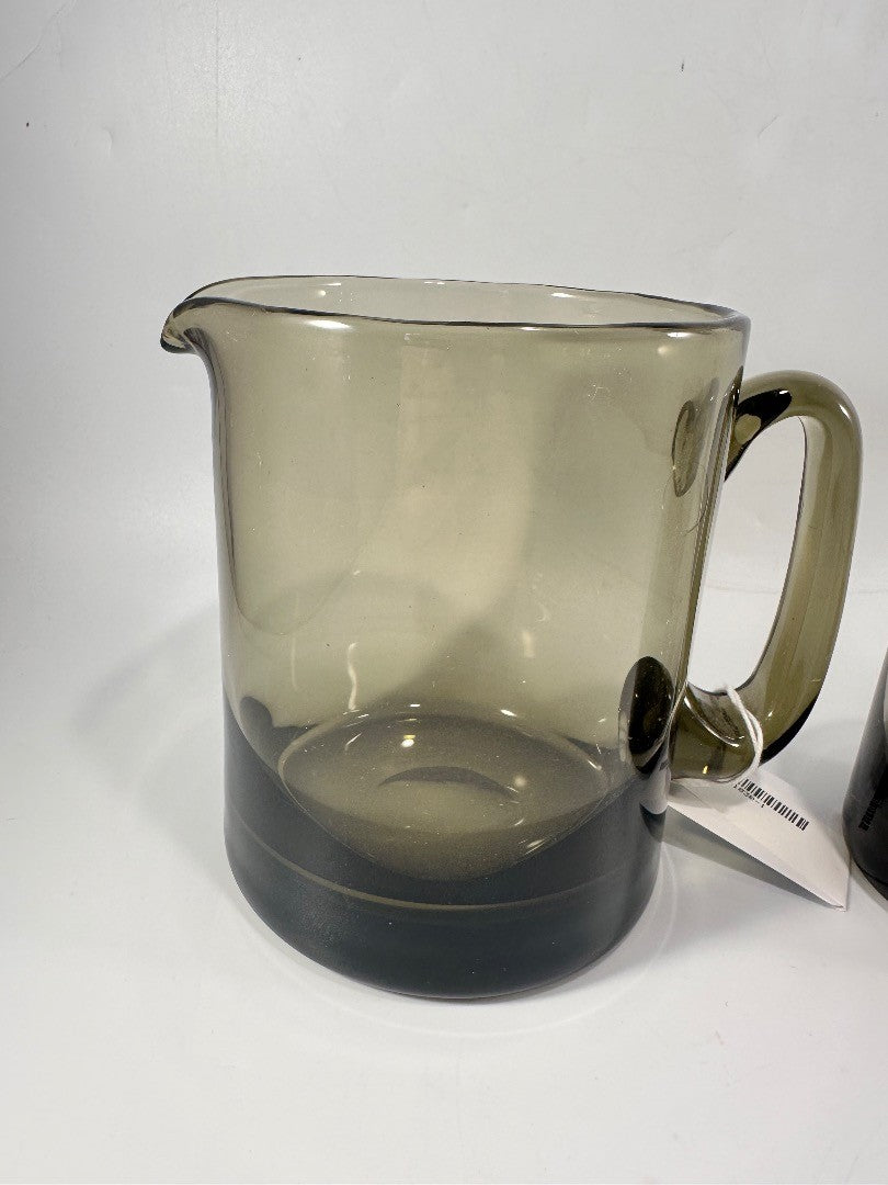 Vintage Retro Smoke Tinted Handmade Water Jug With 3 Glasses