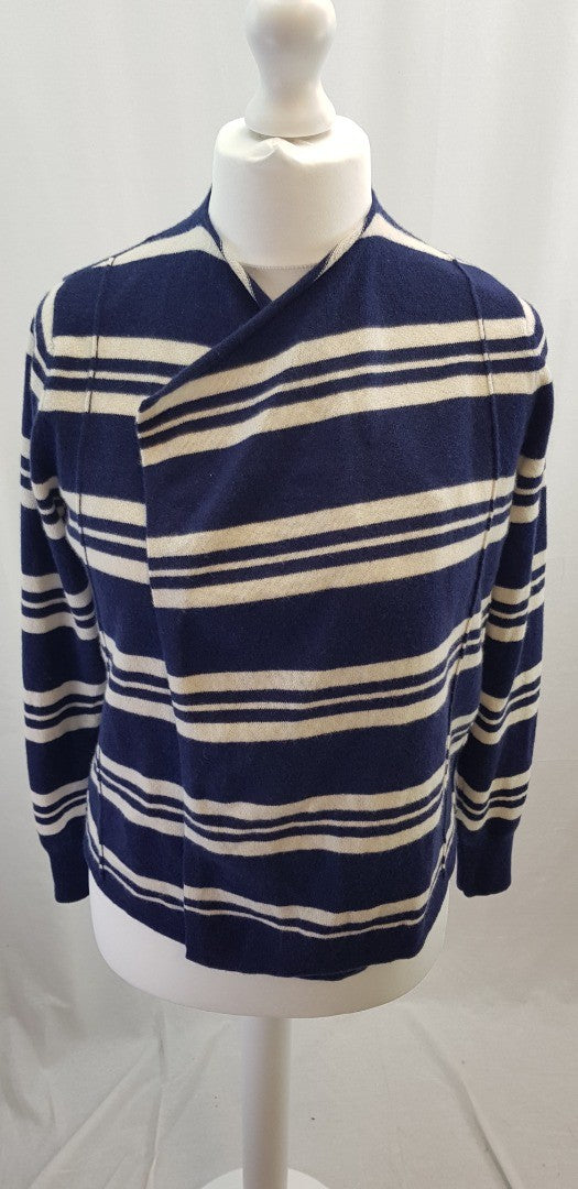 M&S Navy Ivory Striped Cashmere Waterfall Front Cardigan Size M Excellent Condition