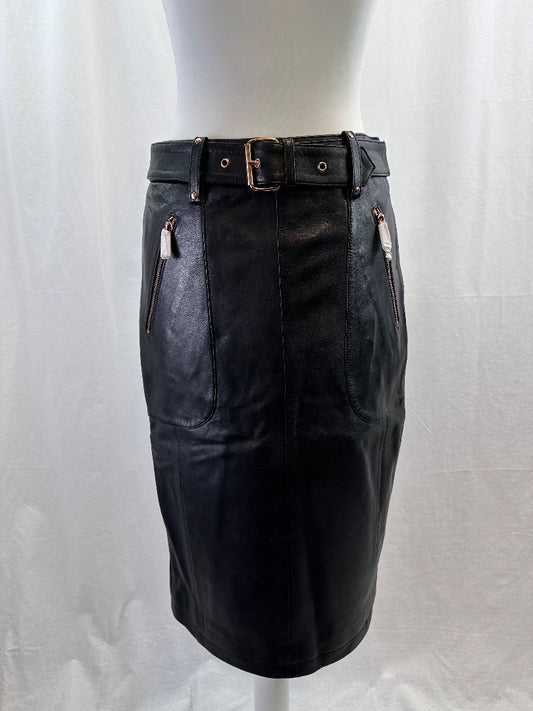 Sosandar 100% Realgrade Leather Pencil Black Skirt Size 8 BNWT