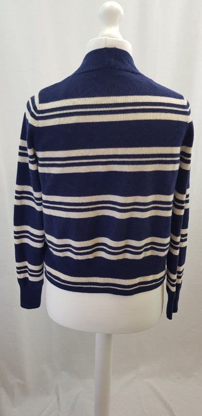 M&S Navy Ivory Striped Cashmere Waterfall Front Cardigan Size M Excellent Condition