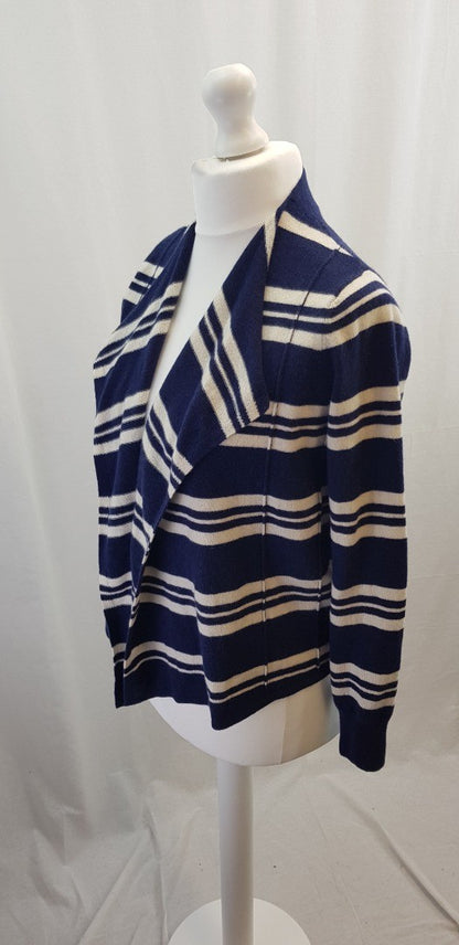 M&S Navy Ivory Striped Cashmere Waterfall Front Cardigan Size M Excellent Condition