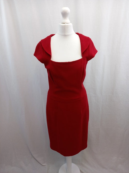 hobbs red dress size 10 wool short sleeve back zip