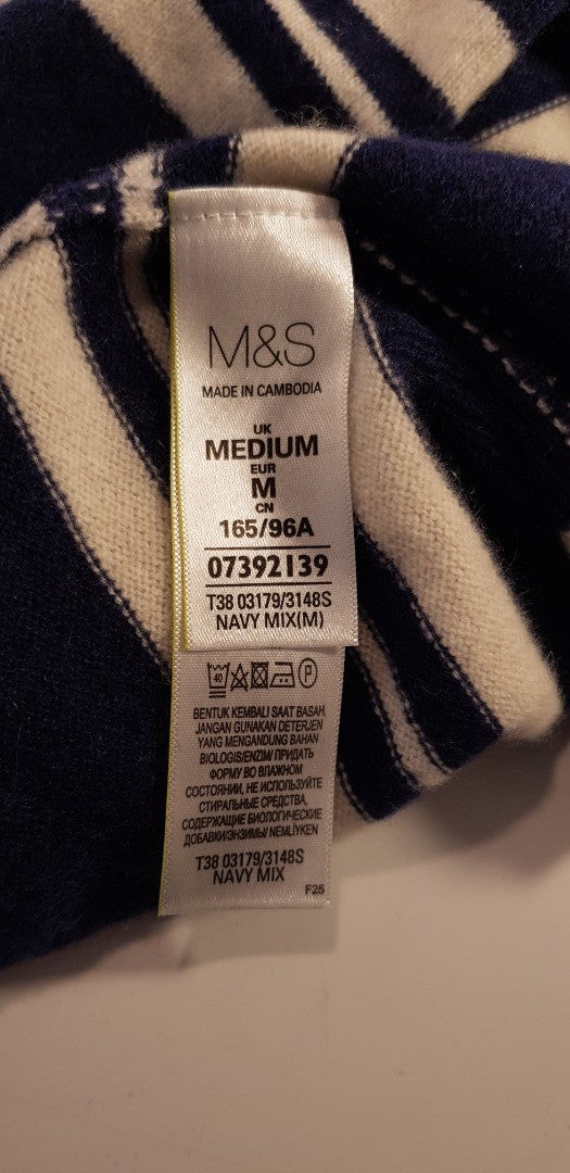 M&S Navy Ivory Striped Cashmere Waterfall Front Cardigan Size M Excellent Condition