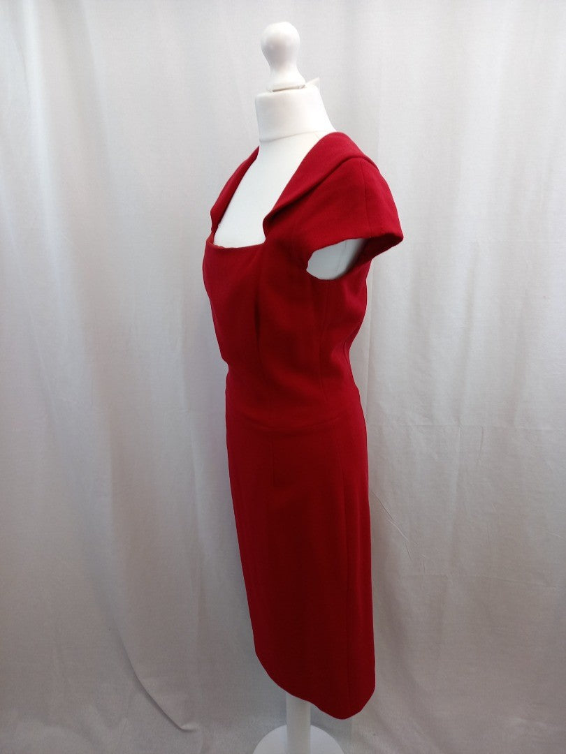 hobbs red dress size 10 wool short sleeve back zip