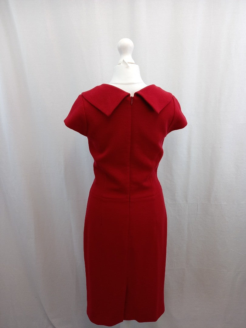 hobbs red dress size 10 wool short sleeve back zip