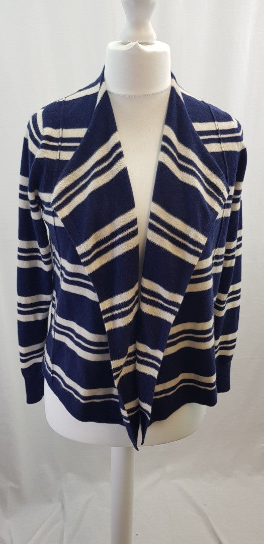 M&S Navy Ivory Striped Cashmere Waterfall Front Cardigan Size M Excellent Condition