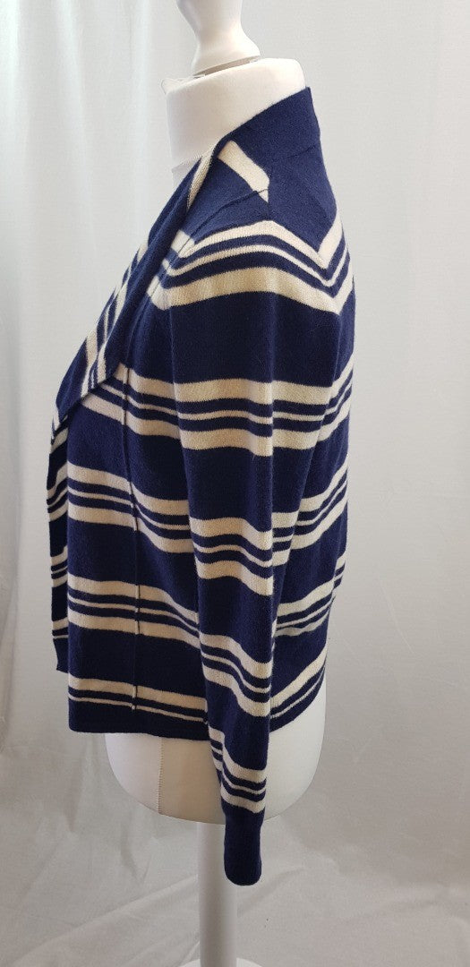 M&S Navy Ivory Striped Cashmere Waterfall Front Cardigan Size M Excellent Condition