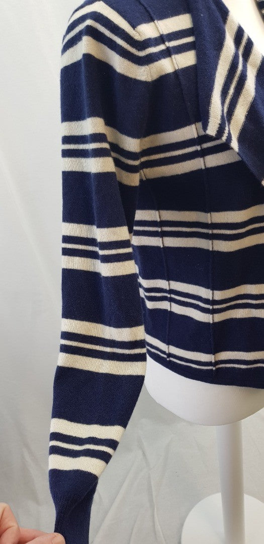 M&S Navy Ivory Striped Cashmere Waterfall Front Cardigan Size M Excellent Condition