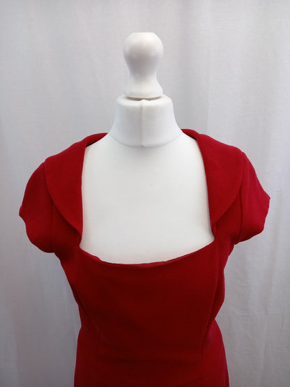 hobbs red dress size 10 wool short sleeve back zip