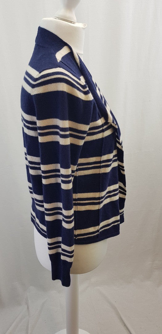 M&S Navy Ivory Striped Cashmere Waterfall Front Cardigan Size M Excellent Condition