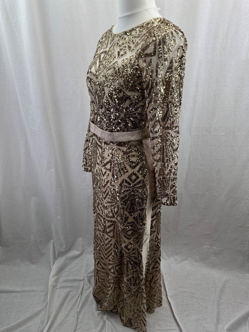 Monsoon Gold Beaded Dress With Tie Belt UK 12 Good