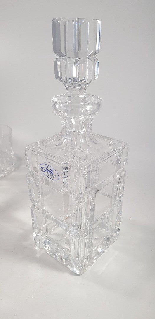 Julia Lead Crystal Decanter 6 Glasses Tumblers Clear Square Vintage Ex Con Boxed