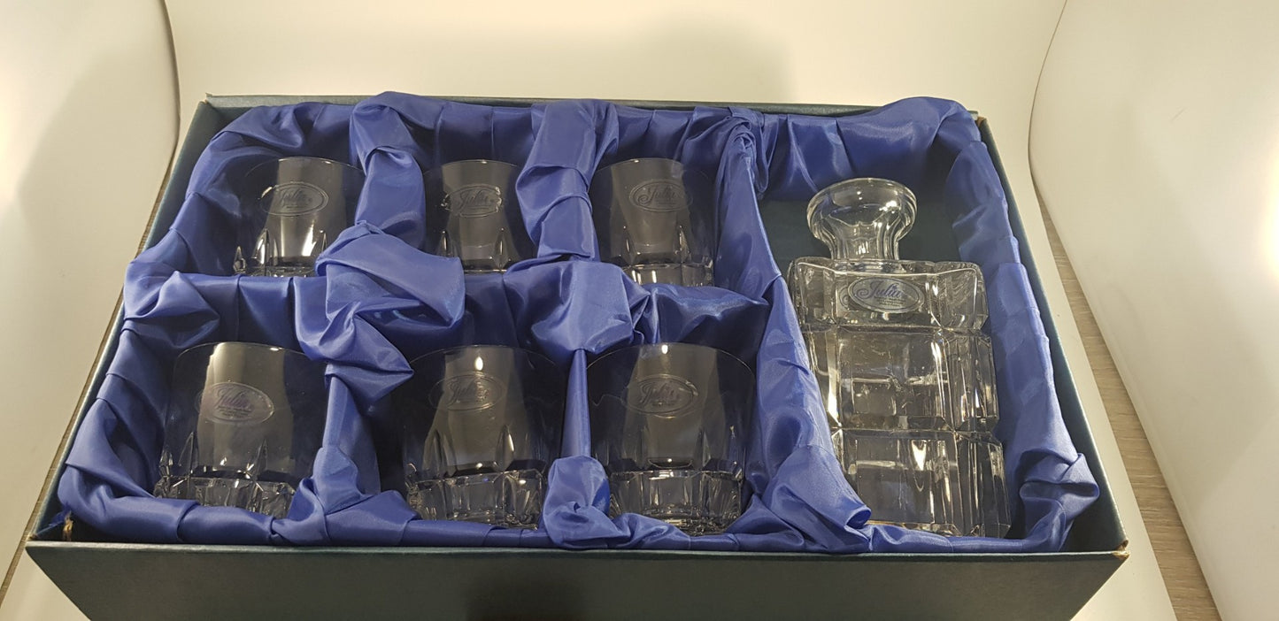 Julia Lead Crystal Decanter 6 Glasses Tumblers Clear Square Vintage Ex Con Boxed