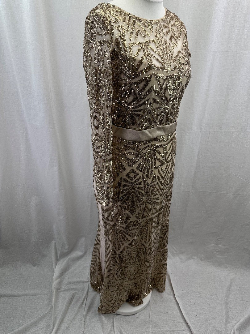 Monsoon Gold Beaded Dress With Tie Belt UK 12 Good