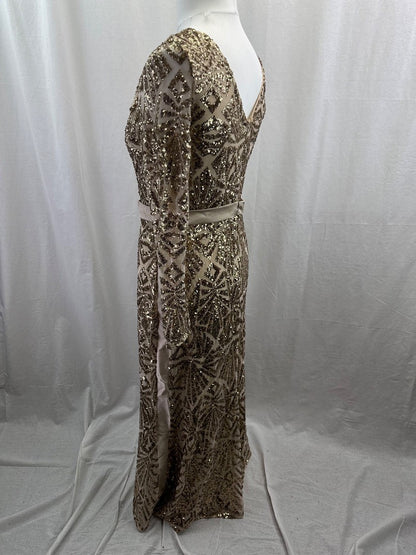 Monsoon Gold Beaded Dress With Tie Belt UK 12 Good