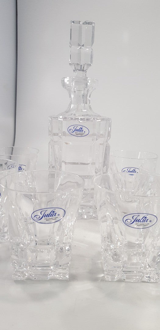 Julia Lead Crystal Decanter 6 Glasses Tumblers Clear Square Vintage Ex Con Boxed