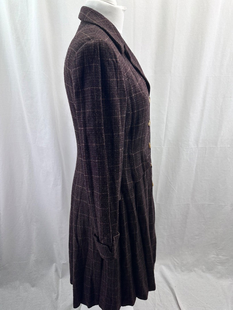 Hunza Maroon Long Woollen Pleated Coat Vintage Womens UK L Good