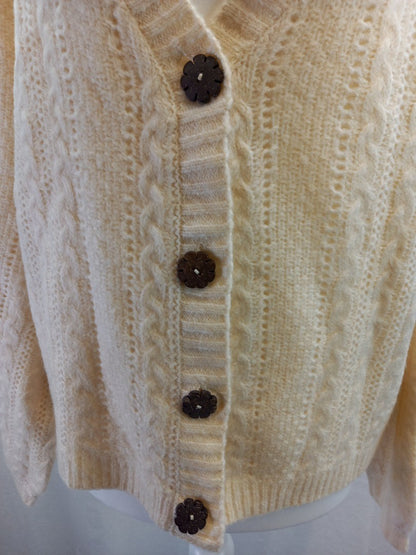 cream cable cardigan jo browns 16 white natural brown flower buttons v neck bnwt