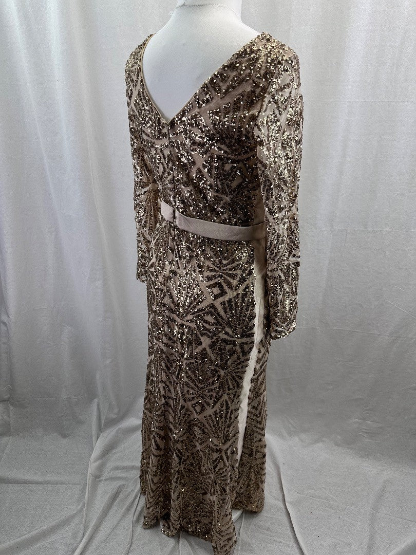 Monsoon Gold Beaded Dress With Tie Belt UK 12 Good