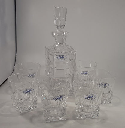 Julia Lead Crystal Decanter 6 Glasses Tumblers Clear Square Vintage Ex Con Boxed