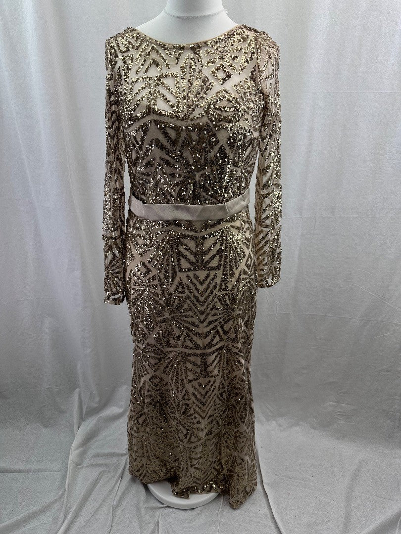 Monsoon Gold Beaded Dress With Tie Belt UK 12 Good