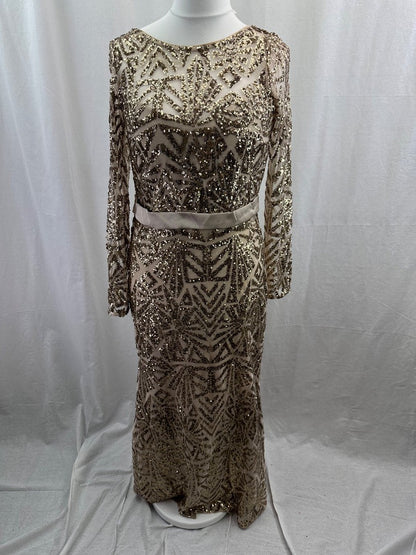 Monsoon Gold Beaded Dress With Tie Belt UK 12 Good