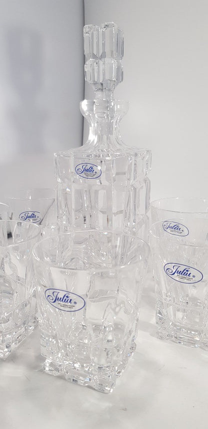 Julia Lead Crystal Decanter 6 Glasses Tumblers Clear Square Vintage Ex Con Boxed