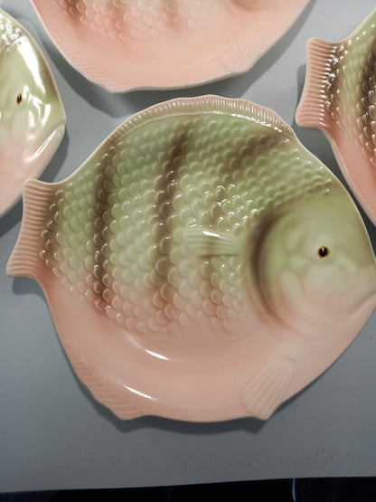 shorter and son fish plates x 6 and sauce gravy boat and saucer pink and green