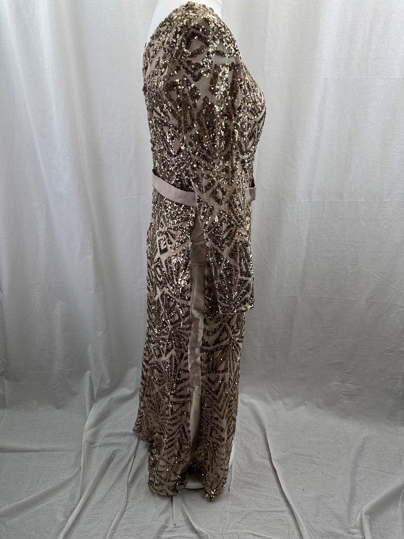 Monsoon Gold Beaded Dress With Tie Belt UK 12 Good