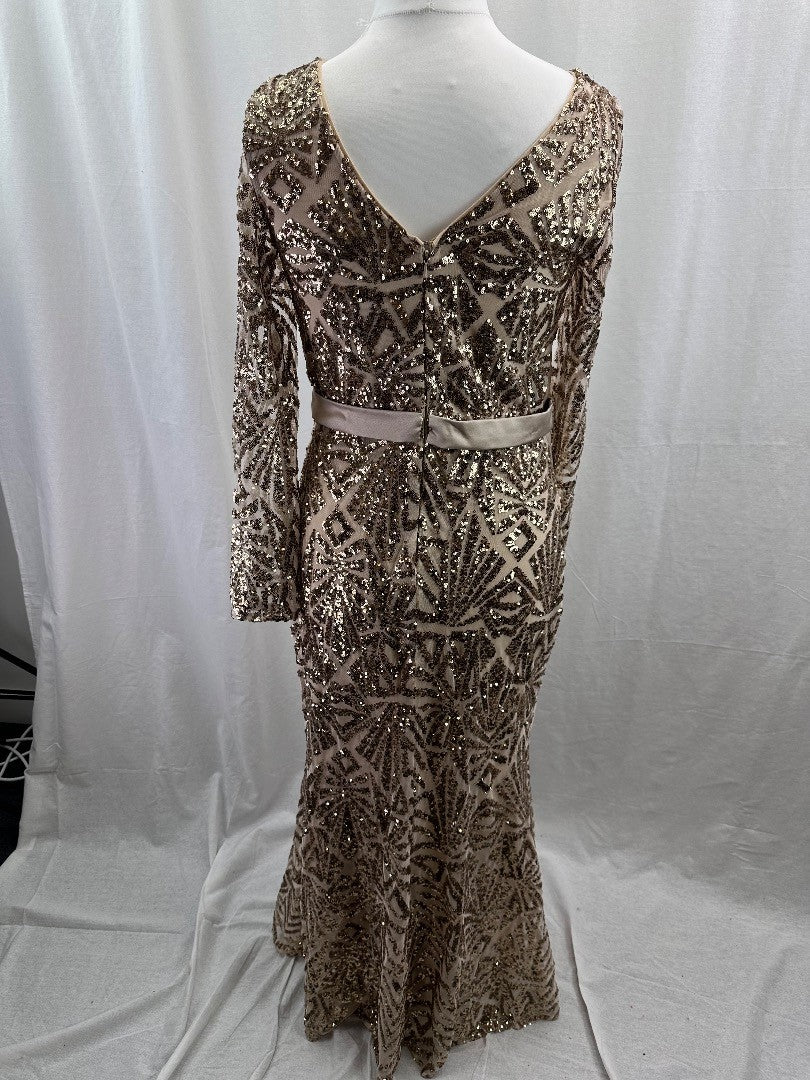 Monsoon Gold Beaded Dress With Tie Belt UK 12 Good