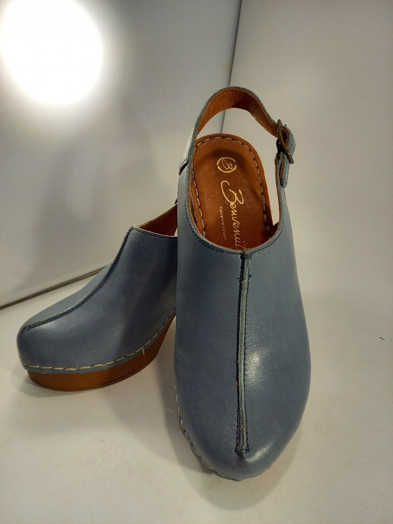 Beunvenuti Blue Leather Clogs Mules Shoes Heel Size 3.5 Brand New