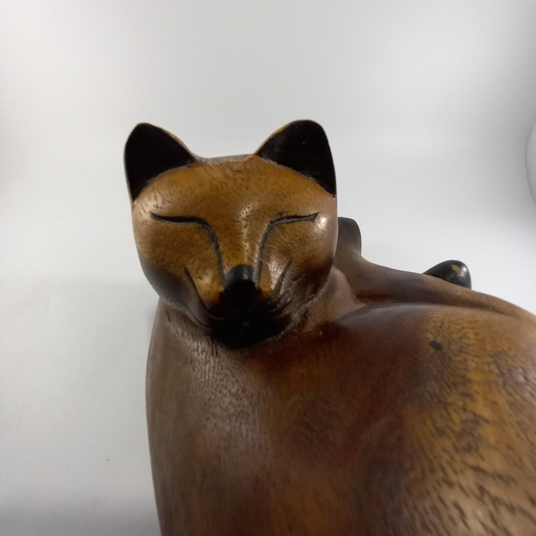 Wooden Cat Hand Carved Curled Up Good