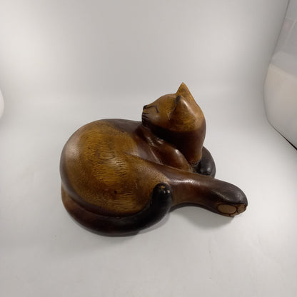 Wooden Cat Hand Carved Curled Up Good