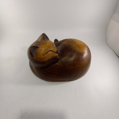 Wooden Cat Hand Carved Curled Up Good