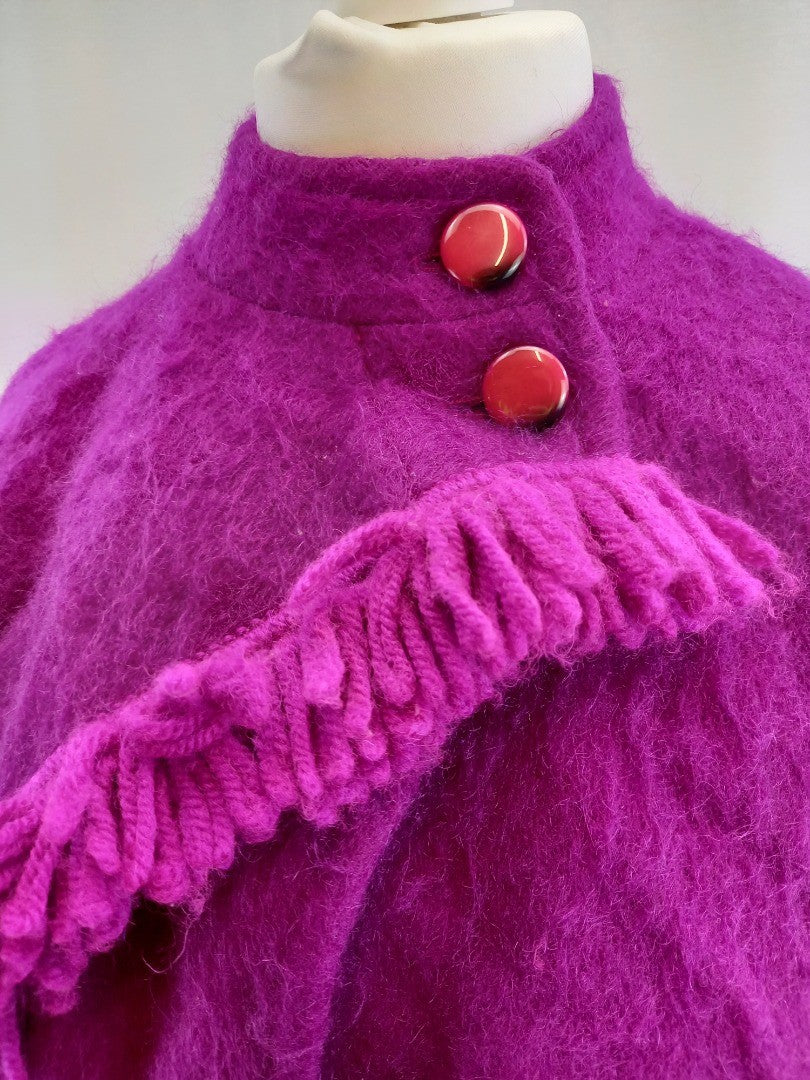 Weill Paris Magenta Wool Vintage Long Cape / Shawl Asymmetrical Tasselled Hem