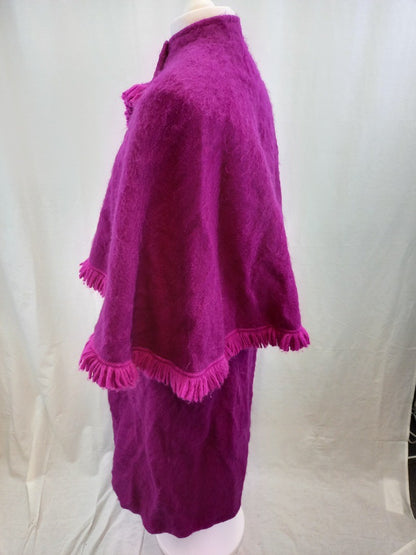 Weill Paris Magenta Wool Vintage Long Cape / Shawl Asymmetrical Tasselled Hem