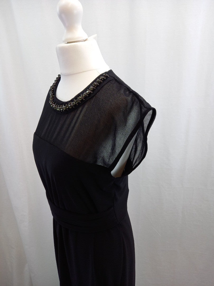 monsoon black dress 12 beaded neckline sheer shoulders front ruched belt BNWT