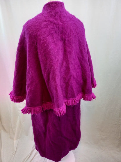 Weill Paris Magenta Wool Vintage Long Cape / Shawl Asymmetrical Tasselled Hem