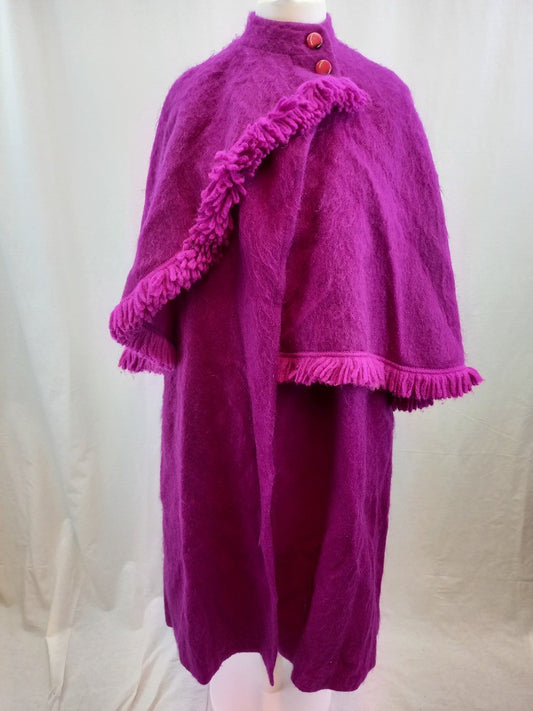 Weill Paris Magenta Wool Vintage Long Cape / Shawl Asymmetrical Tasselled Hem